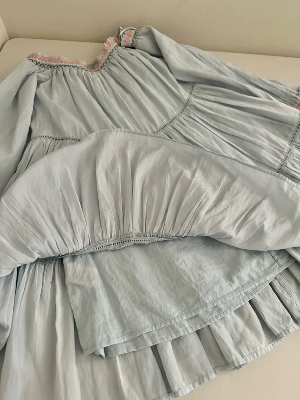 Free People Blue Embroidered Babydoll Mini Dress XS Boho Peasant Floral Festival